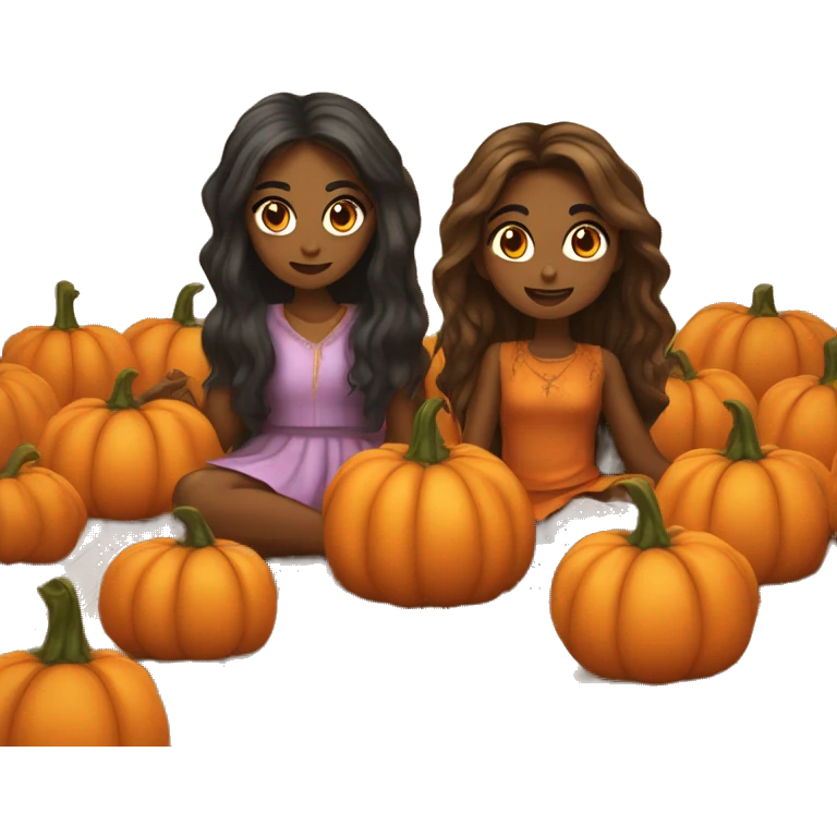 two brown skinned girls with long hair dressed up as pumpkins crawling on the floor emoji