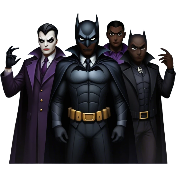 Icon for Thriller Movies: A large, dramatic collage featuring sinister villains in dark clothing. The background shows the gloomy cityscape of Gotham, with dim lighting and eerie shadows. The atmosphere should be tense, mysterious, and suspenseful. Transparent background. emoji