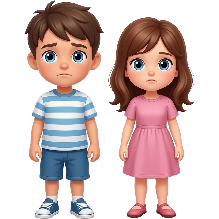 chico y chica son hermanos,estan muy cansados de buscar, el chico castanyo i con pelo corto y la chica pelo suelto y color avellana y los dos tienen ojos azules son hermanos estan depie se les ve los pies emoji