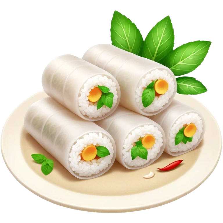 Bánh Cuốn Cinematic Realistic Bánh Cuốn Dish Emoji, depicted as delicate steamed rice rolls garnished with chopped mint on top, rendered with lifelike textures and fresh, vibrant lighting. emoji