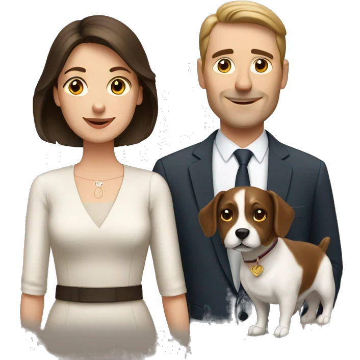 Brunette husband and wife with small white and brown dog emoji