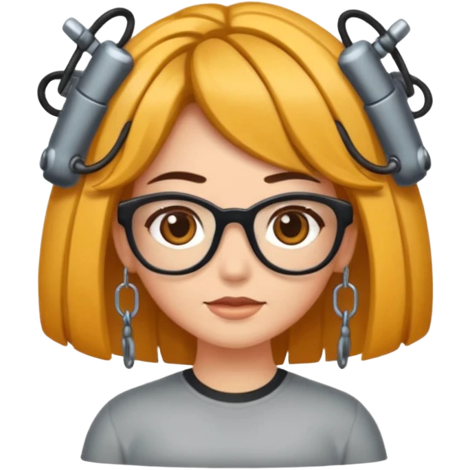 Uma garota de cabelos encaracolados compridos e mechas bem loiras, com pele morena  e óculos emoji