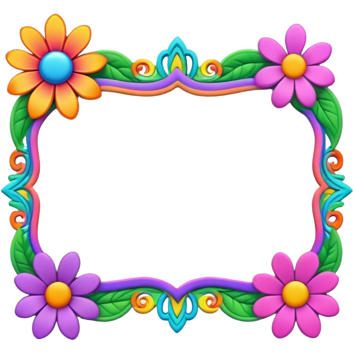 3D, psychedelic colored name tag with hippie style flower border emoji