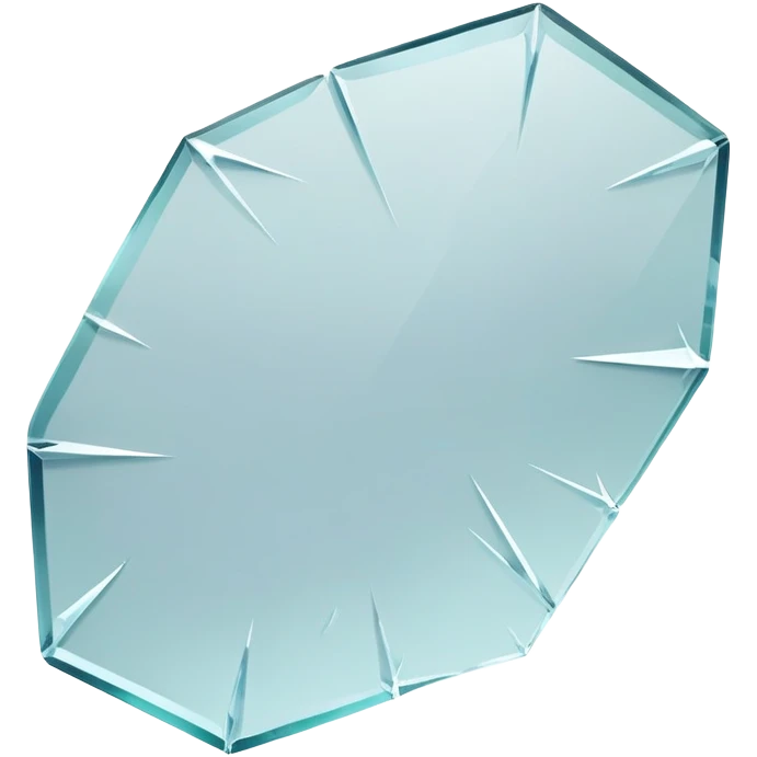 A broken glass design created in the style of an Apple iOS emoji. The shattered glass should be scattered in a realistic but minimalistic way, as if lying on an invisible, transparent surface. The shards should remain within the visual bounds of a typical emoji, with sharp, clean edges, subtle reflections, and varying fragment sizes. Use soft gradients, no outlines, and rounded corners where appropriate to match the iOS aesthetic. The overall illustration should feature a soft 3D appearance with delicate shadows and glass-like texture. Transparent background. High resolution. PNG format. emoji