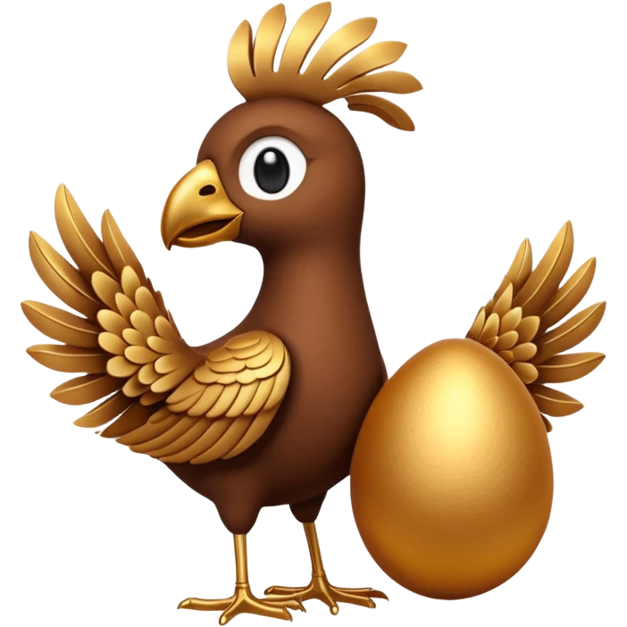 A 3D cartoon Sankofa bird with its head gracefully turned backward holding a golden egg in its beak, symbolizing learning from the past, single bird in frame, gold and brown tones, clean black background, Memoji-style rendering emoji