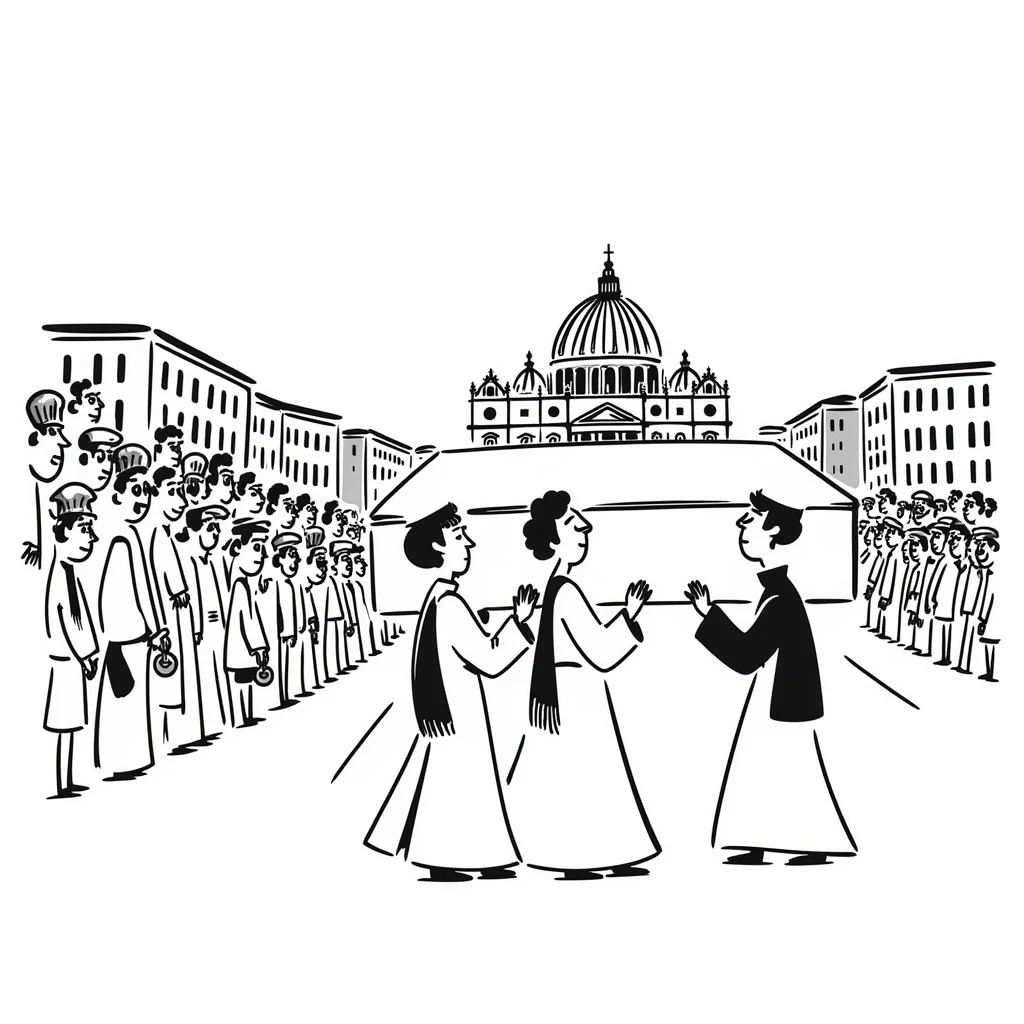 A respectful drawing of a papal funeral procession at Vatican City with cardinals, the papal coffin, and St. Peter's Square filled with mourners emoji