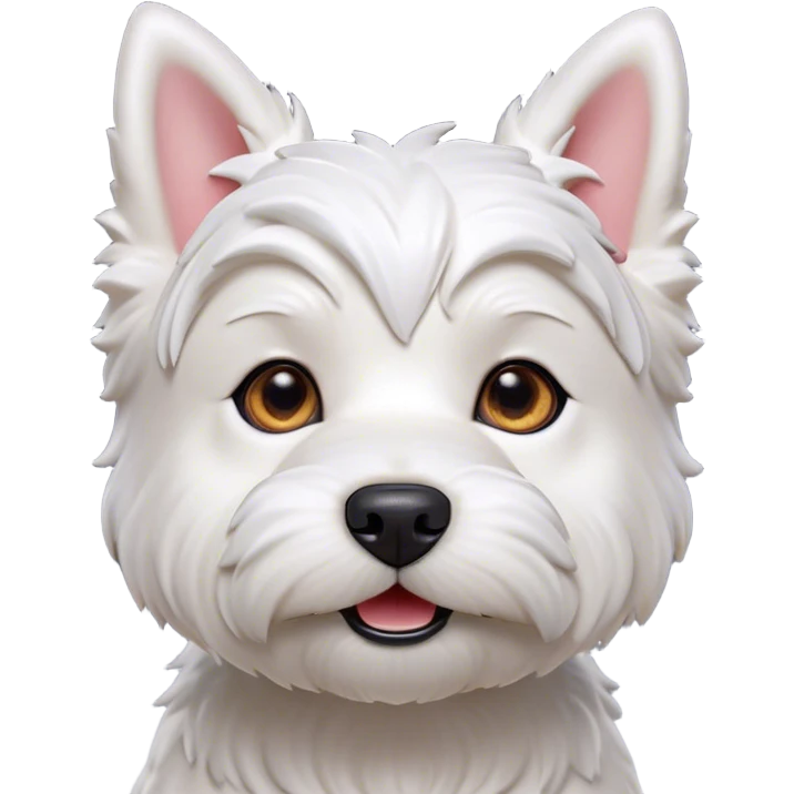 Cinematic Cute West Highland White Terrier Portrait Emoji, Head tilted playfully and inquisitively, featuring a fluffy, immaculate white coat with perky ears, round, sparkling dark eyes filled with curiosity, Simplified yet irresistibly adorable features, highly detailed, glowing with a warm, friendly glow, high shine, affectionate and lively, stylized with a touch of whimsy, bright and endearing, soft glowing outline, capturing the essence of a mischievous yet loving pup, so playful it feels like it could bound out of the screen and into your arms! emoji