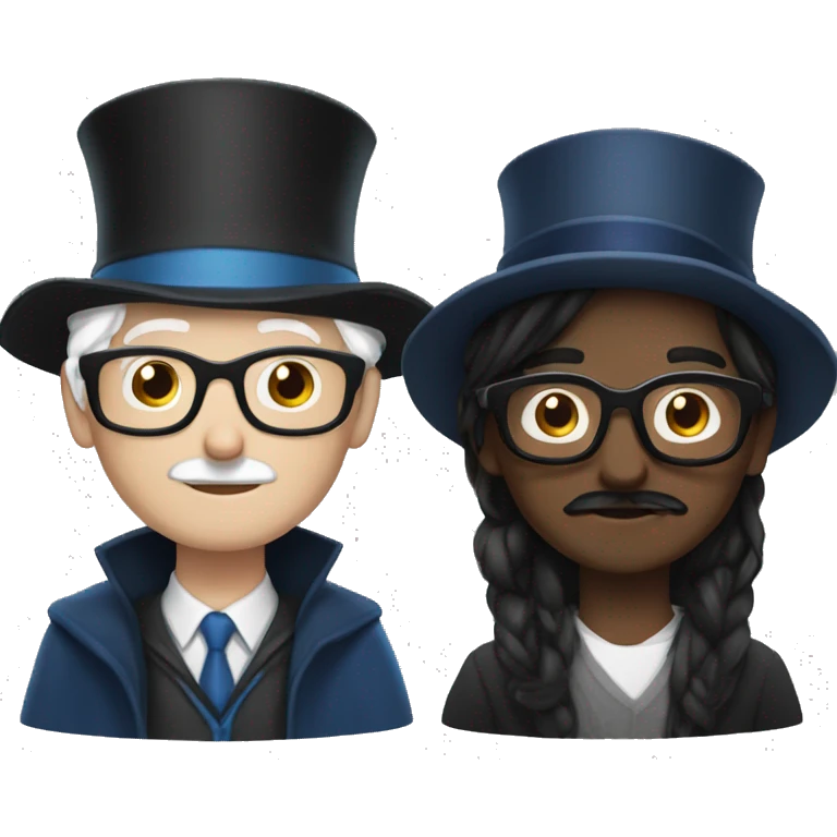 man with white skin, black longer and straight hair, mustache, glasses, with a magic hat, ravenclaw emoji