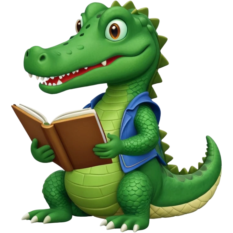 A claymation-style academic alligator with a book. The background is a solid white circle emoji