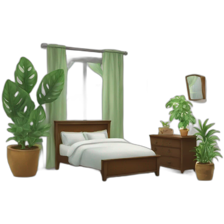 a men bedroom with an mirror and a plant emoji