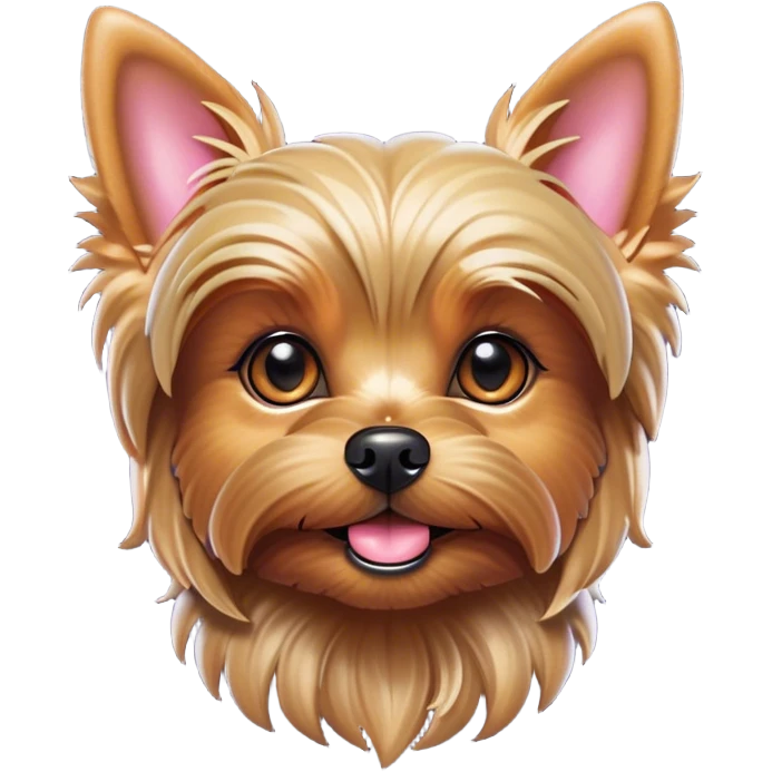 Cinematic Cute Yorkshire Terrier Portrait Emoji, Head perked with bright, twinkling eyes and a perky expression, showcasing a soft, silky fur in rich hues, simplified yet adorably detailed, glowing with a cheerful, inviting glow, high shine, exuding playful intelligence and spunky charm, styled with a gentle, whimsical outline, capturing the essence of a cute Yorkshire Terrier that appears ready to frolic off the screen with irresistible energy! emoji