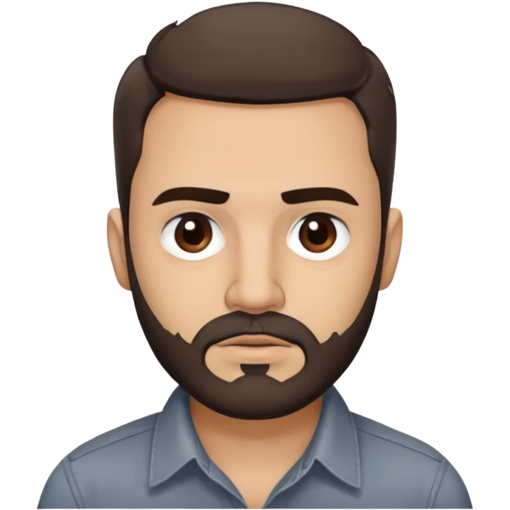 Puerto Rican actor René Monclova with round face, wide jaw, light skin. Expressive dark brown eyes, thick eyebrows. Short brown hair with receding hairline. Messy beard, brown with some gray patches. Wearing a dark button-down shirt. emoji