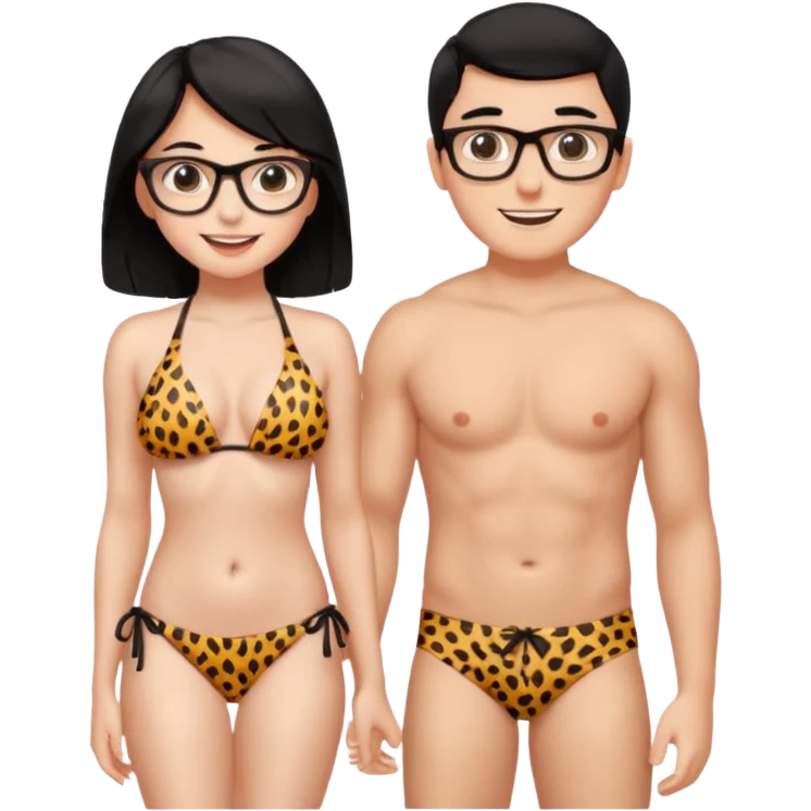 black haired girl with big boobs wearing a cheetah print bikini standing with a boy with black hair wearing glasses and shirt less emoji