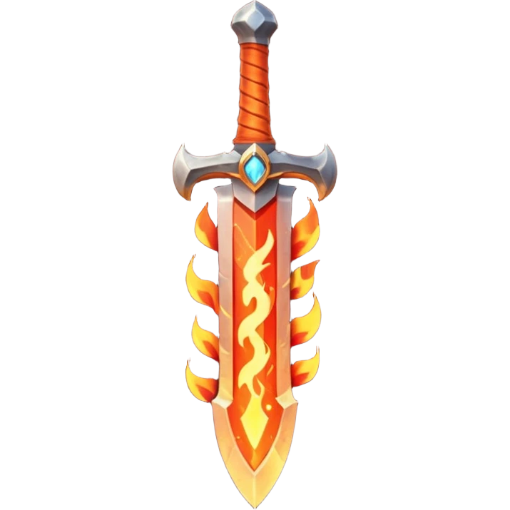fire guardian sword object icon, flaming blade, glowing lava runes, ember sparks, fantasy weapon, 3D cartoon, mobile game icon style, centered, clean background, no text, no watermark
 emoji