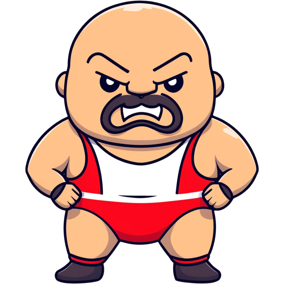 Close-up of extremely fat white skin guy with young face, beard and mustache, no muscle with prominent black durag, black eyes in a red and black wrestling singlet with angry face emoji
