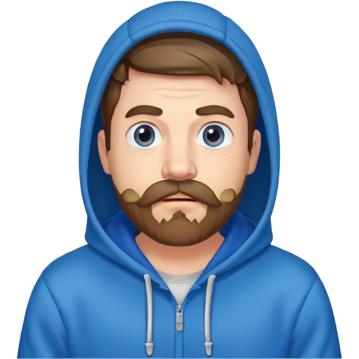Mr. Beast wearing a blue hoodie, mustache and beard, surprised expression emoji