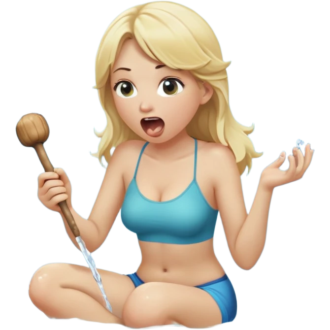 blond woman sitting on her knees, eating a wide stick with a half-round D-shaped knob, both the stick and knob are the same color as her skin, the knob has visible skin texture, water stream squirting from the flat side of the knob into her open mouth, surprised expression emoji