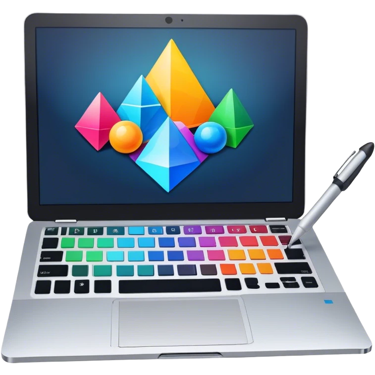 Professional icon for Graphic Design: a laptop with Photoshop open on the screen, displaying geometric shapes like spheres, cubes, and pyramids, along with a stylus. The icon should reflect the creative process in graphic design. Transparent background. emoji
