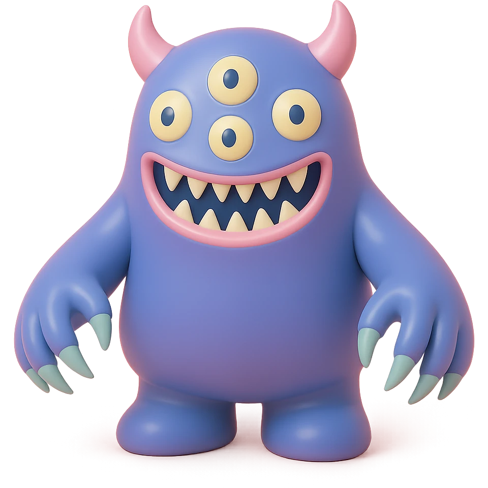 terrifying monster with multiple eyes, long claws, menacing grin, deep purple and black colors, vinyl figure style emoji