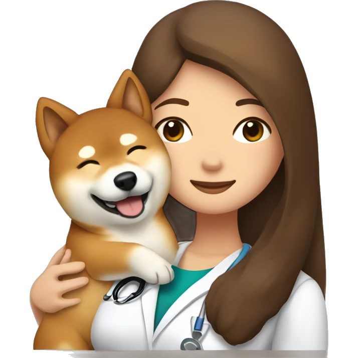 Shiba Inu cuddles a doctor woman with long brown hair emoji