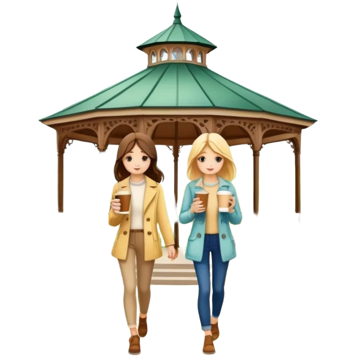  Girls walking with coffee by gazebo in spring  emoji