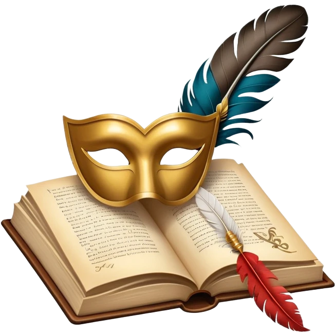 An icon featuring an open book with flowing pages, a feather quill, and classic literary symbols like a theater mask and inkwell. The design includes a subtle parchment background with faint text lines, symbolizing the study of literature. Transparent background emphasizes creativity and analysis. emoji