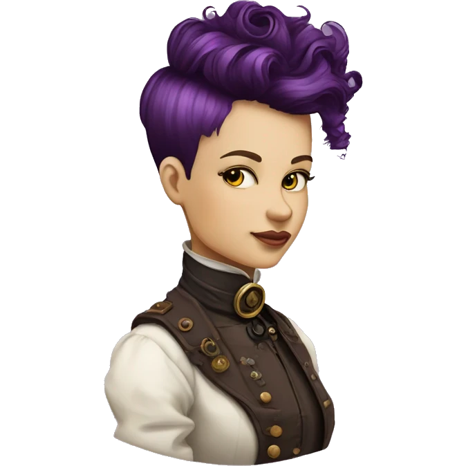 steampunk profile short hair mohawk purple Victorian wavy  on Caucasian girl with small nose round fat face emoji