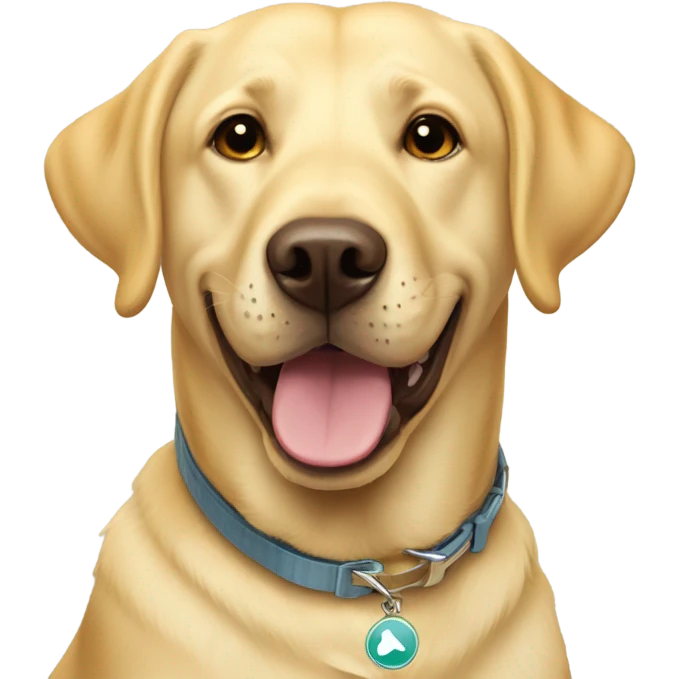 Yellow lab smiling with collar that says BUZZ emoji