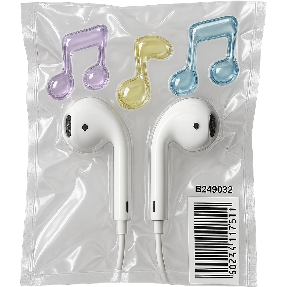 pair of white EarPods with three floating glass music notes in pastel colors, shiny and puffy, vacuum-sealed style emoji