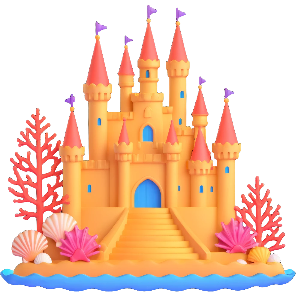 Ariel's underwater castle from The Little Mermaid, golden spires, colorful coral, seashell architecture, bubbles emoji