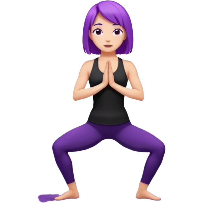A woman with purple hair standing tall in mountain pose, wearing a black yoga outfit, calm expression, mandala background, digital art style. emoji