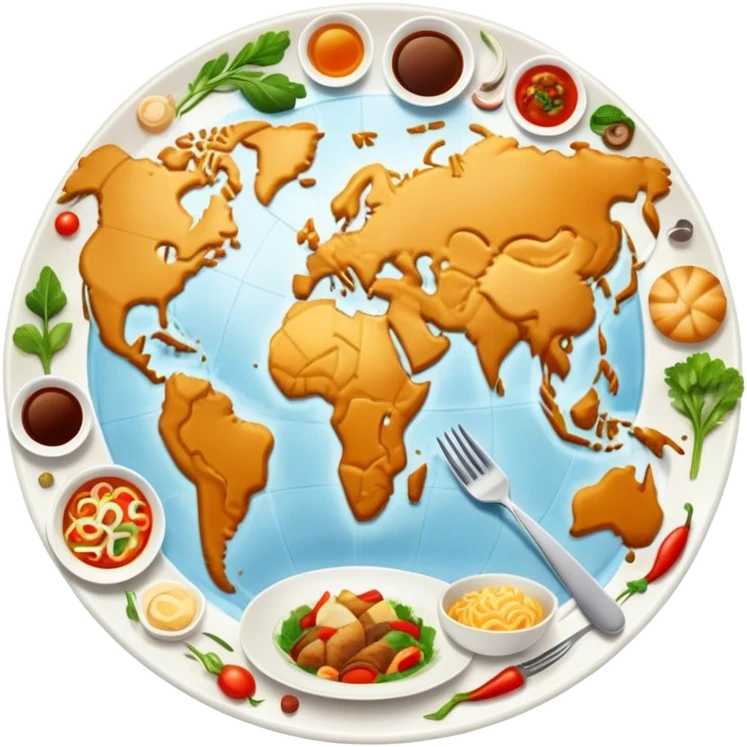 Icon for Culinary Tourism: a world map with food elements like a fork, knife and dish, surrounded by iconic dishes from various countries. The icon should represent the exploration of global cuisines and travel experiences. Transparent background. emoji