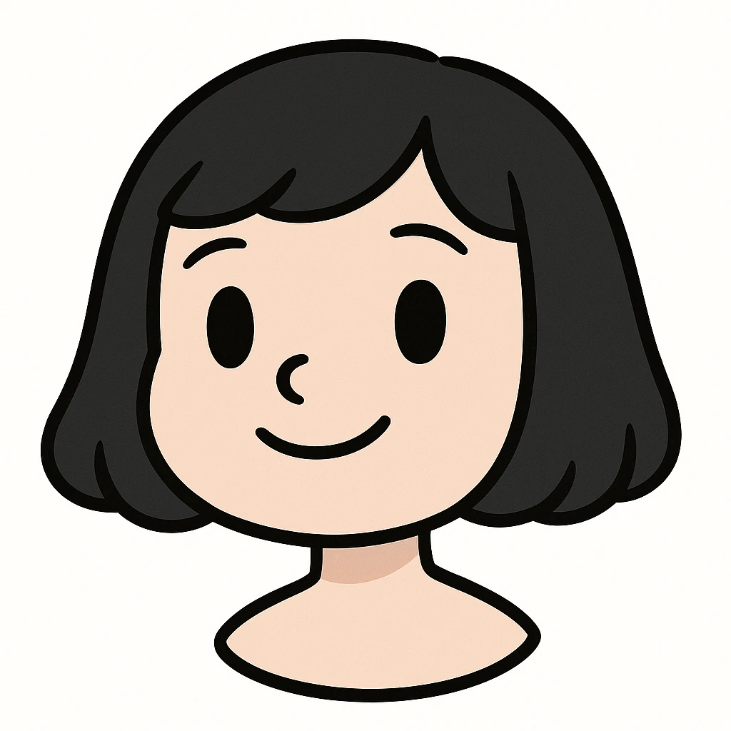 cute girl with pale skin, black bob haircut, cartoon features, big simple eyes, simple smile, minimal details, Telegram sticker style, head only without neck, white background emoji