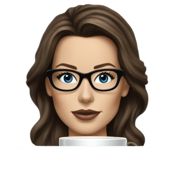 Hyper Realistic Kate Beckinsale dark blue eyes wearing glasses drinking coffee at a laptop  emoji