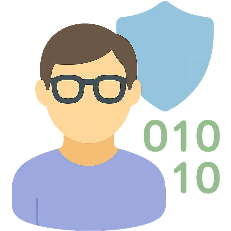 person with glasses in front of a shield and binary code, clean lines, professional, for a cybersecurity expert emoji