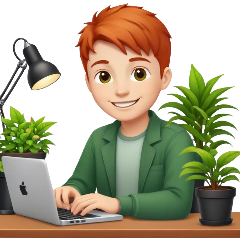 Redhead programmer boy sitting at a desk with plants and smiling emoji