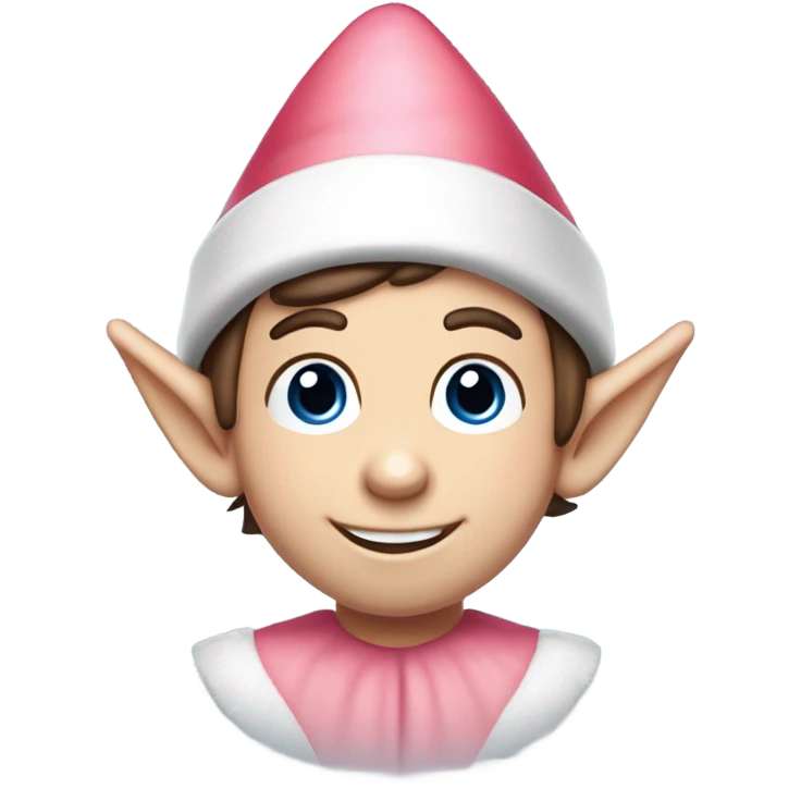 Cute elf on the shelf boy with pale skin, dark brown hair, a mischievous smile, rosy pink cheeks and big blue eyes. He has a white and red elf hat emoji