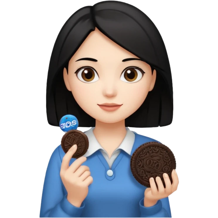Girl with shoulder-length black hair, holding an oreo cookie in her hand emoji