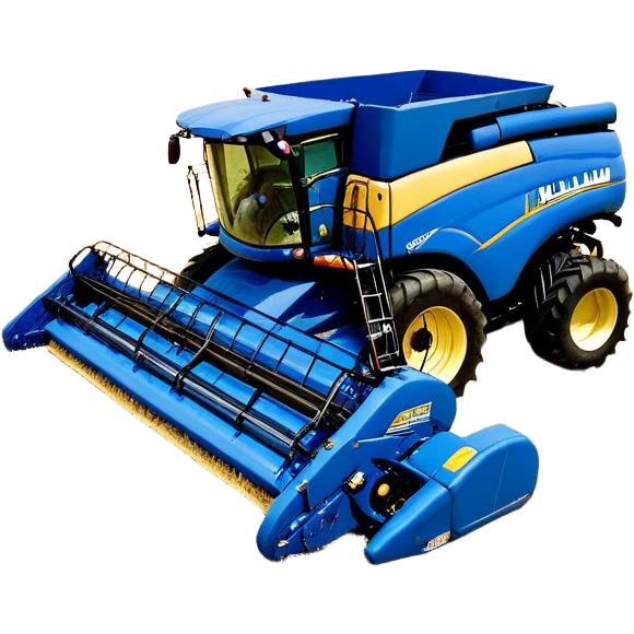 New Holland Roll-Belt 560 (2018) – Cinematic-realistic New Holland Roll-Belt 560 baler, its blue body steadily compressing golden hay into tight, round bales. The rhythmic motion of the machine continues as dust swirls in the afternoon heat, with rows of freshly cut grass stretching toward the horizon. emoji