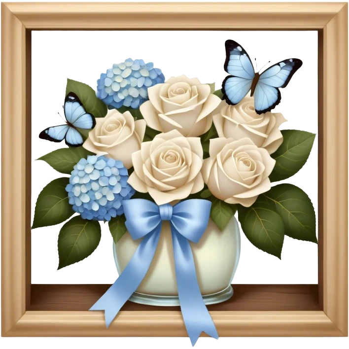 An antique wooden windowsill adorned with an elegant arrangement of white roses and soft blue hydrangeas. A silk bow in muted beige is loosely tied around the bouquet, while a translucent butterfly with pearlescent wings delicately lands on the petals. emoji