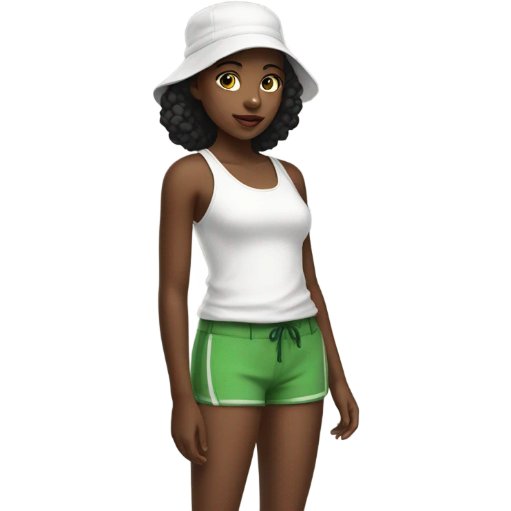Black girl in white tank top, green shorts and black bonnet emoji