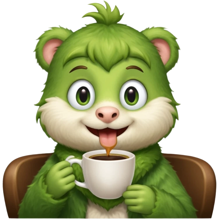 Cut the Rope's Om Nome in barista's suite with a cup of cofee emoji