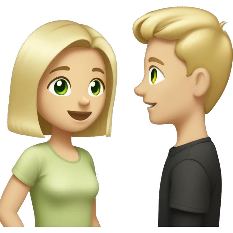 boy and girl with dirty-blond hair and light green eyes. Boy is wearing light khaki t shirt. He has a short mustache and fresh haircut. Girl is wearing off shoulders black top. They are looking at each other lovingly. Boy is taller than girl. emoji