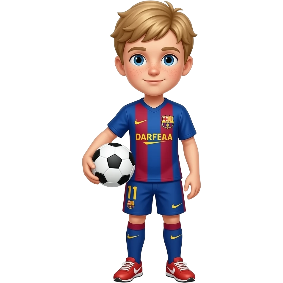 blonde blue eyed young short cute teen boy polish with freckeles wearing a barclona football shirt holding a football emoji