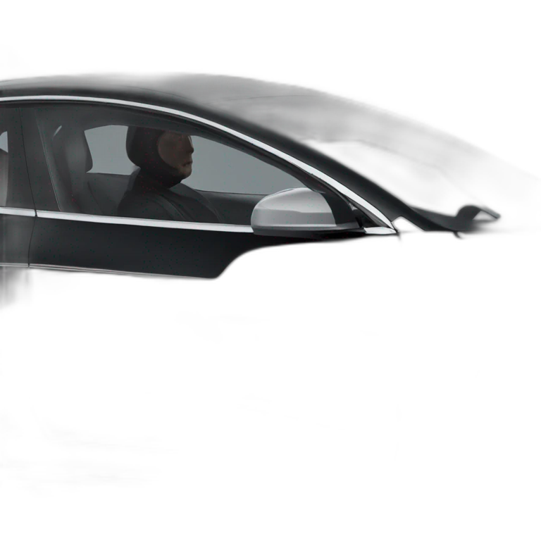 photo-realistic Elon Musk, at the wheel, inside an all black Tesla Model 3, side view emoji