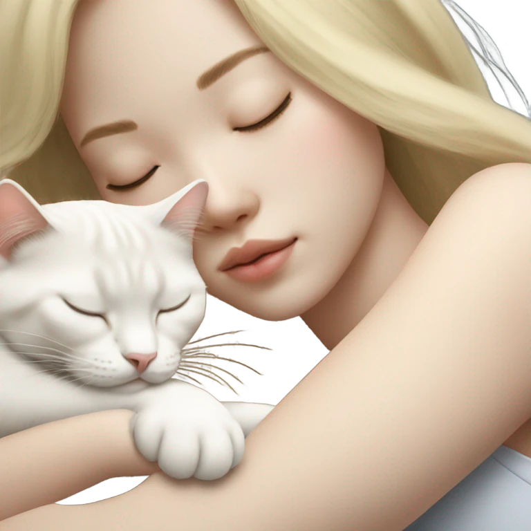 long blonde hair asian girl napping with white cat emoji