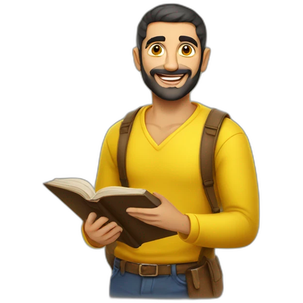 Armenian men with the yellow clothes reading book and looking at camera and smiling  emoji