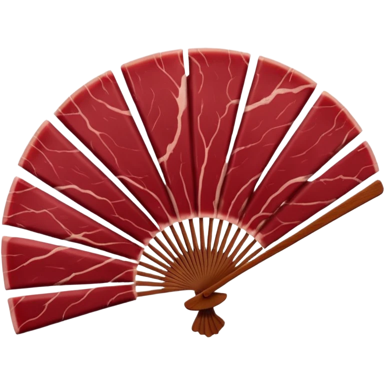 air-dried beef slices, thin, deep burgundy-red, smooth glossy surface, darker curved edges, fine grain, lean texture, slightly overlapping in loose fan, no board, garnish, or packaging, soft lighting, emoji scale emoji