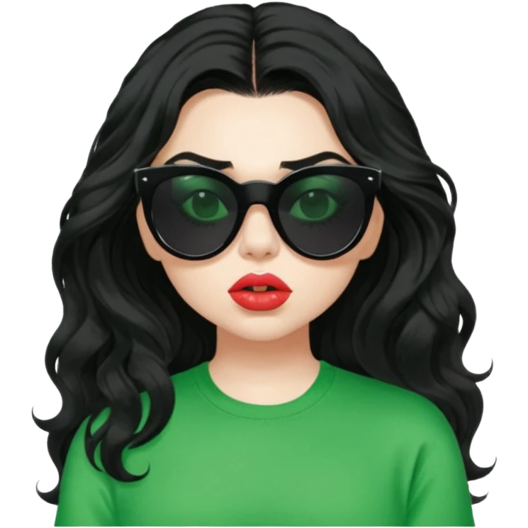 current charli xcx with her long black wavy hair, thick black-out sunglasses that hide her eyes completely, pale skin, pouting closed lips, and a bright green top that said 'brat' in the brat font. emoji