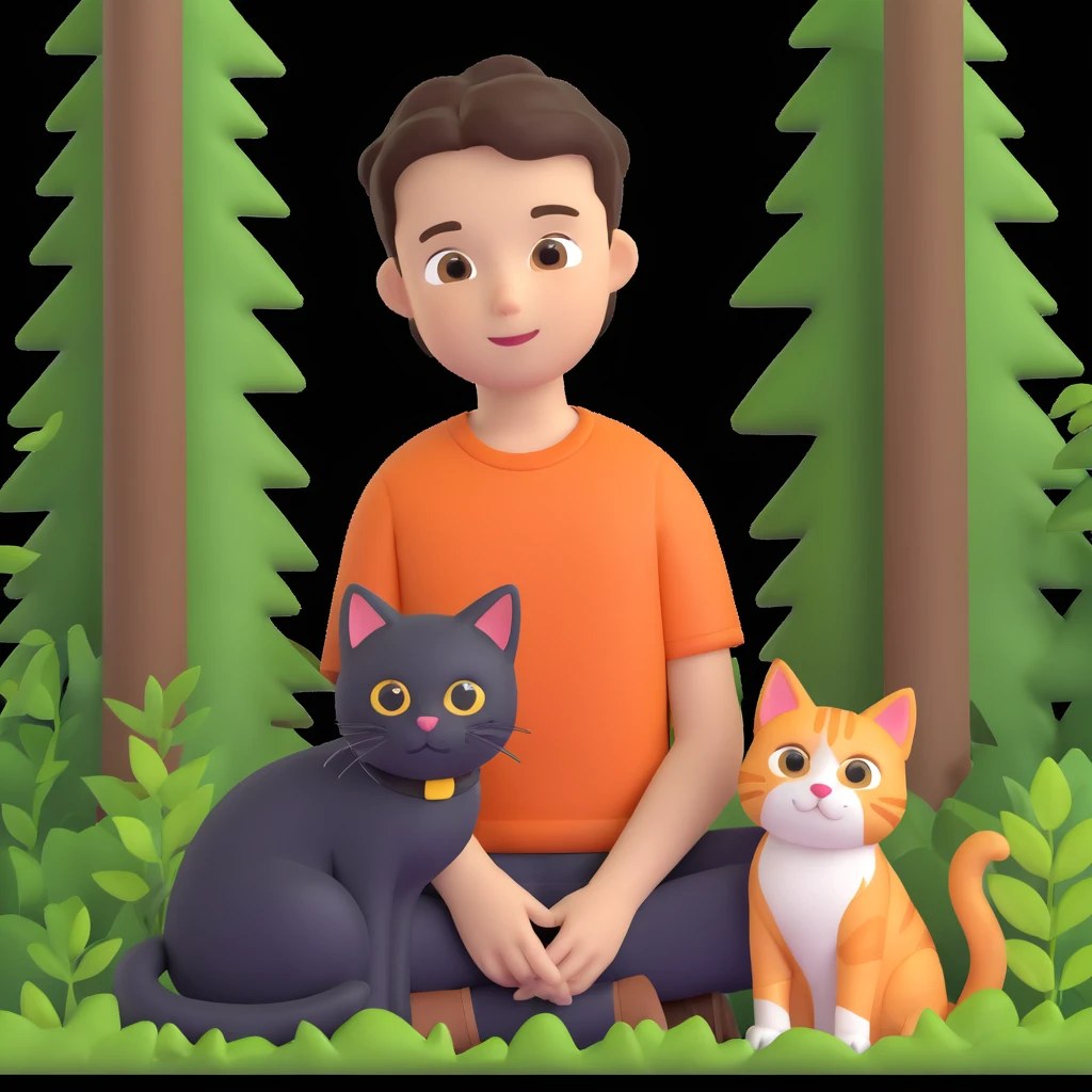 boy and cat pet in forrest background, close up pose emoji
